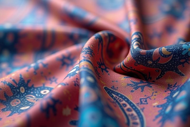 Nahaufnahme von Seidenstoff mit individuellem Digitaldruck, zeigt lebendige Farben und filigrane Details.